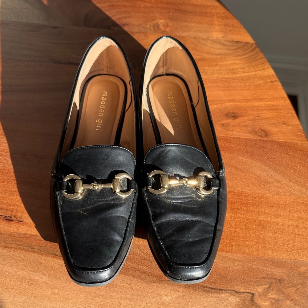 Madden Girl Black and Gold Loafers